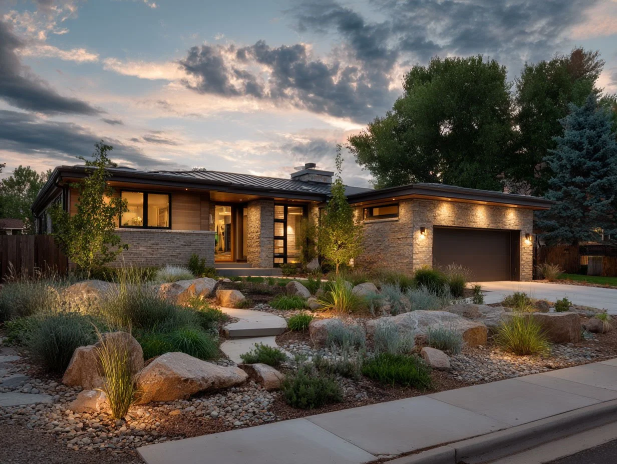 Modern Colorado home surrounded by natural landscaping at dusk