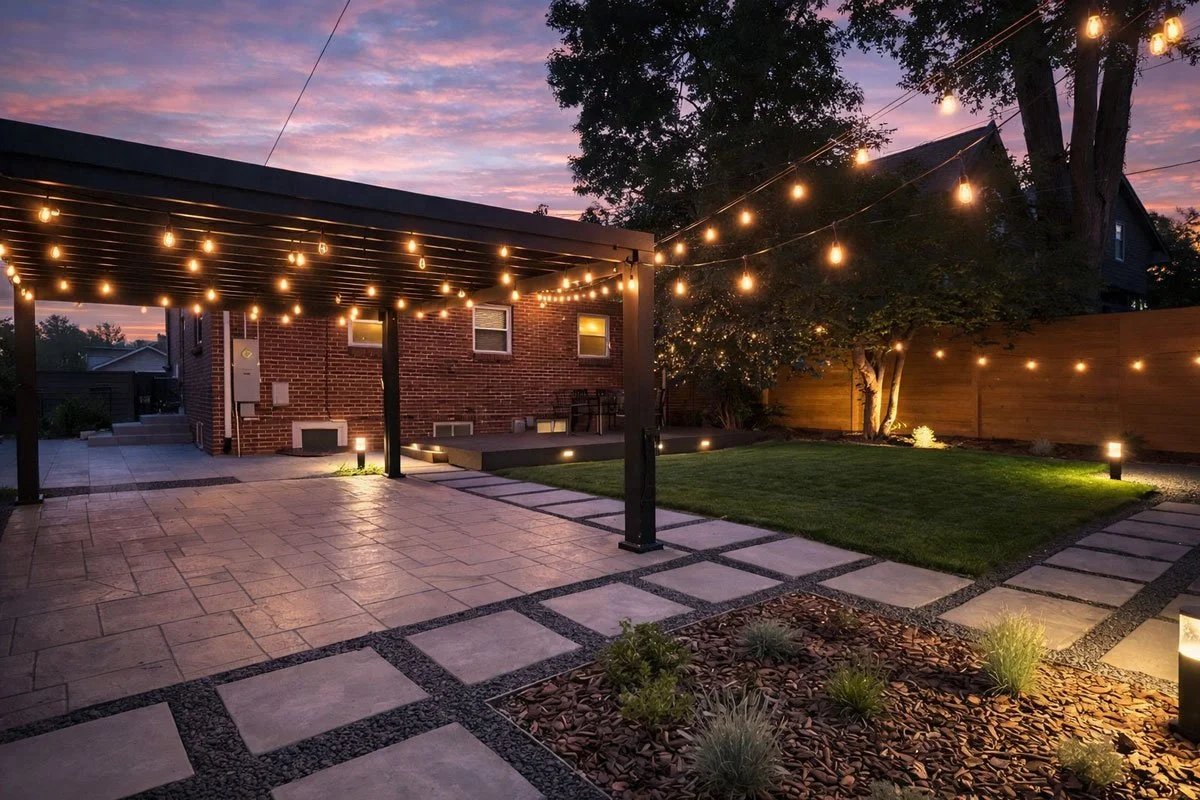 Contemporary backyard pergola with warm string lights